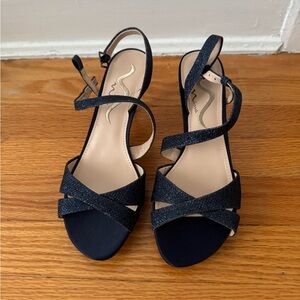 Nina - Glittery Dark Blue Criss Cross Sling Back Stiletto Platform Heelsv